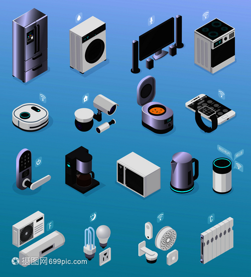 物聯(lián)網(wǎng)智能家居遙控電子設(shè)備等距圖標收集與冰箱電視爐子咖啡機矢量插圖